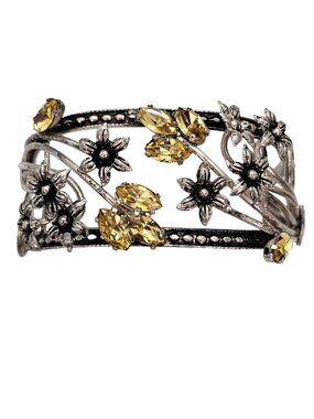 Sterling Silver Jonquil Yellow Rhinestone Stemmed Flowers Cuff Bracelet, L482